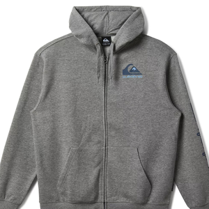 A gray Quiksilver zip-up hoodie with a blue logo on the chest, featuring a drawstring hood and front pockets.
