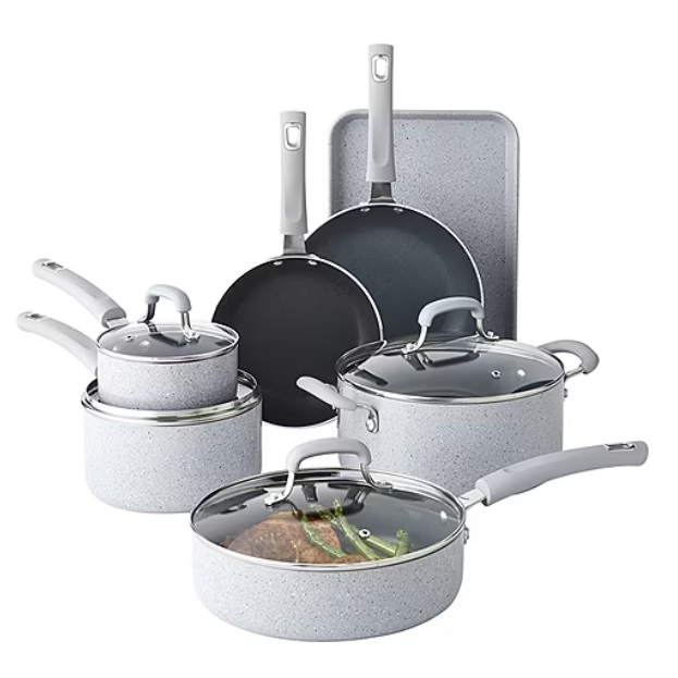 A set of speckled gray non-stick cookware, including pots with lids, frying pans, and a sauté pan.