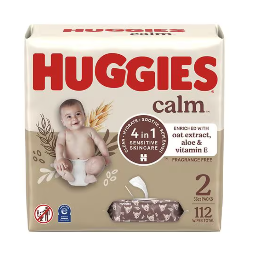 Huggies Calm baby wipes, fragrance-free, enriched with oat extract, aloe, and vitamin E. Comes in a pack of two, with 56 wipes each, totaling 112 wipes.