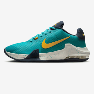 A teal Nike sneaker with a yellow swoosh logo, white speckled midsole, and visible Air Max cushioning.