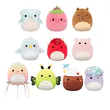 A collection of soft plush toys featuring assorted cute characters, including animals like a shark, penguin, and bear, as well as imaginative creatures like a jellyfish and coconut. These colorful plushies have a fun and whimsical design.