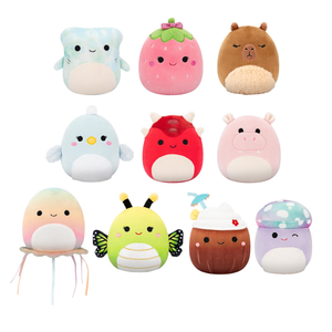 A collection of soft plush toys featuring assorted cute characters, including animals like a shark, penguin, and bear, as well as imaginative creatures like a jellyfish and coconut. These colorful plushies have a fun and whimsical design.
