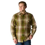 A man wearing a green plaid long-sleeve button-up shirt with a pocket on the left side, paired with blue jeans.