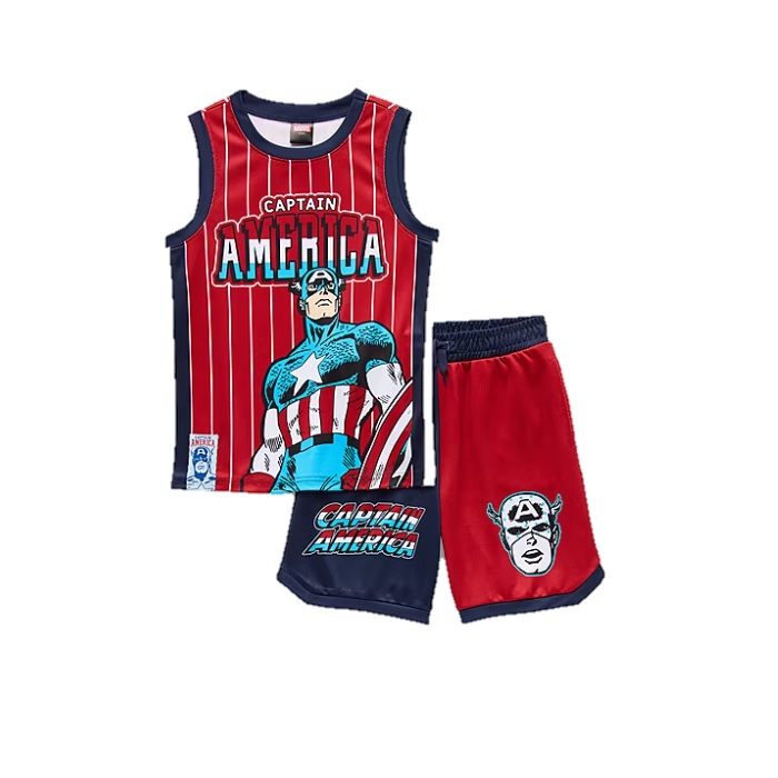 Captain America-themed kids' outfit featuring a sleeveless red and blue top with stripes and matching red shorts with a character graphic.