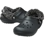 Black clogs with a fluffy, gray fleece lining and breathable holes on the top, featuring a strap with a button on each side.