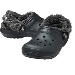 Black clogs with a fluffy, gray fleece lining and breathable holes on the top, featuring a strap with a button on each side.