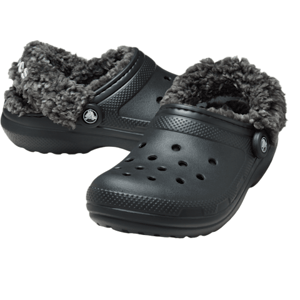 Black clogs with a fluffy, gray fleece lining and breathable holes on the top, featuring a strap with a button on each side.