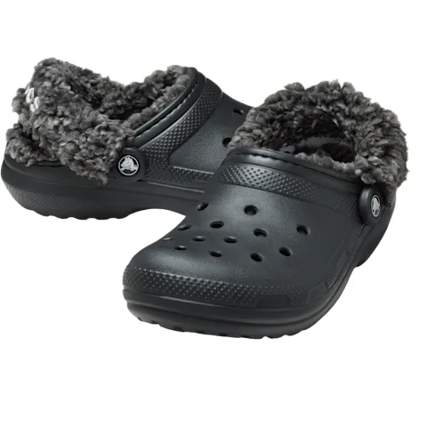 Black clogs with a fluffy, gray fleece lining and breathable holes on the top, featuring a strap with a button on each side.