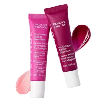 Paula's Choice Pro-Collagen Peptide Gloss Balm, shown in two tubes with shades swatched alongside, 15 ml each.