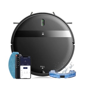 Robot vacuum and mop with a sleek black design, accompanied by a remote control, mobile app integration, and a water tank attachment.