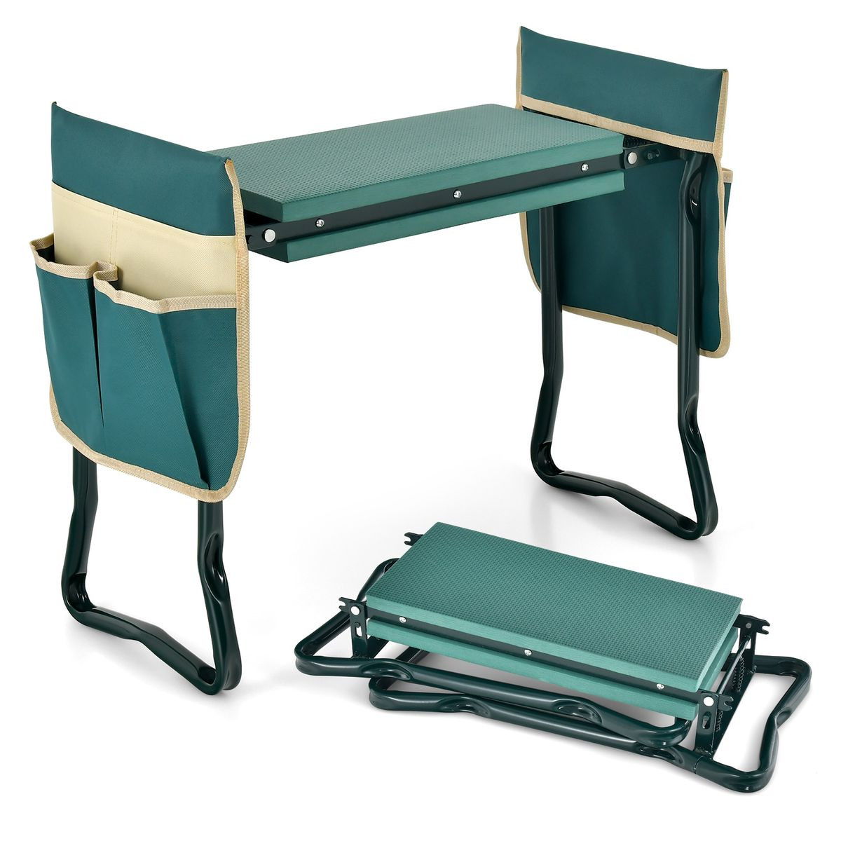 A foldable garden kneeler and seat with handles, featuring a green cushioned surface and detachable side pockets for tools. The design allows for versatile use and easy storage.