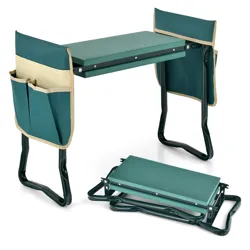 A foldable garden kneeler and seat with handles, featuring a green cushioned surface and detachable side pockets for tools. The design allows for versatile use and easy storage.