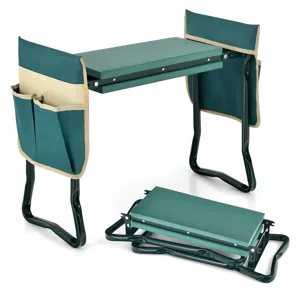 A foldable garden kneeler and seat with handles, featuring a green cushioned surface and detachable side pockets for tools. The design allows for versatile use and easy storage.