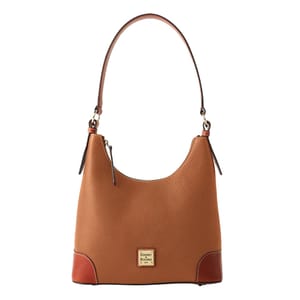 Brown leather shoulder bag with a textured finish, featuring a subtly curved top and a logo plaque on the front, complemented by darker brown accents at the base and strap.