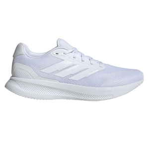A white athletic shoe with a mesh upper and Cloudfoam sole featuring a sleek design with three side stripes.