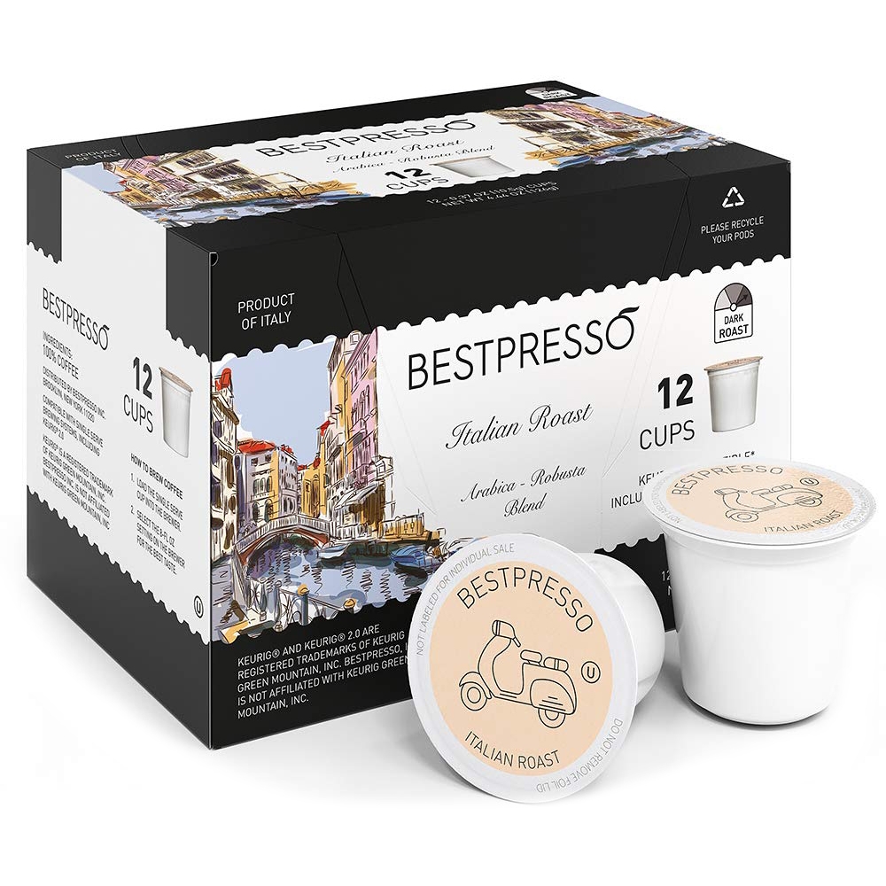Bestpresso Italian Roast coffee pods, Arabica-Robusta blend, dark roast, compatible with Keurig 2.0. Box contains 12 cups. Made in Italy.