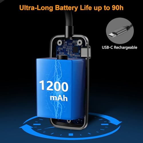 USB-C rechargeable device with a 1200 mAh battery, offering up to 90 hours of use.