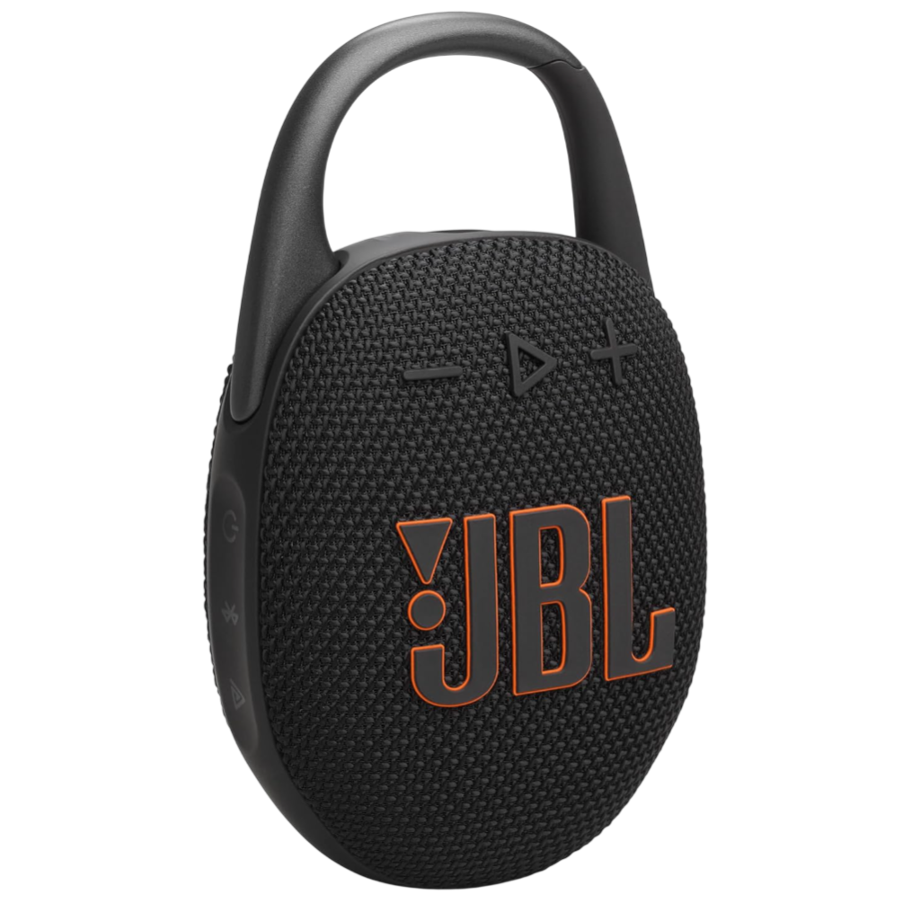 A JBL portable Bluetooth speaker with a black woven texture, featuring the JBL logo in orange, and built-in controls for volume and playback on the front.