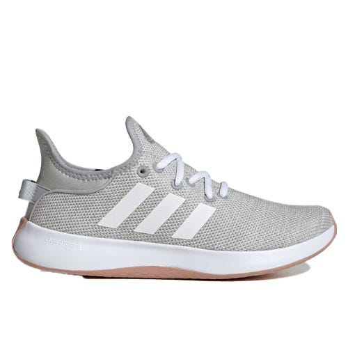 A single grey and white running shoe with a tan sole and Cloudfoam cushioning.