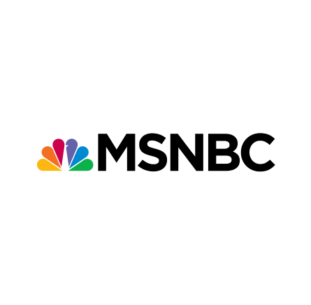 Logo for MSNBC, featuring colorful peacock feathers on the left and bold black text on the right.
