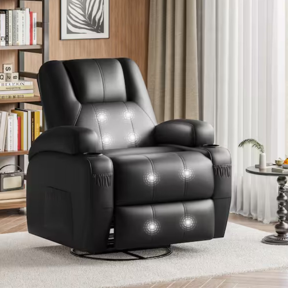 A black leather recliner with visible massage functions is set in a cozy room with a bookshelf, curtains, and a side table.