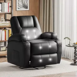 A black leather recliner with visible massage functions is set in a cozy room with a bookshelf, curtains, and a side table.