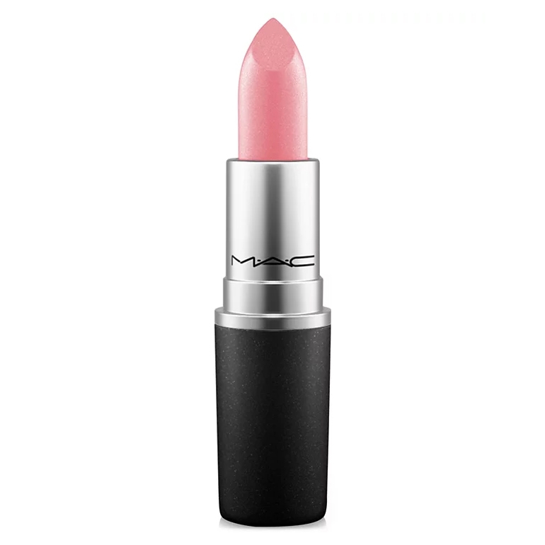 MAC lipstick in a pink shade, featuring a black and silver tube design.