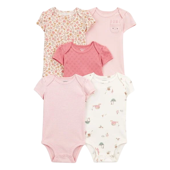 A set of five baby bodysuits in shades of pink and white, featuring various designs like floral, striped, and animal prints, along with plain styles.