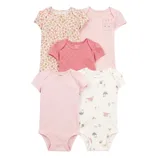 A set of five baby bodysuits in shades of pink and white, featuring various designs like floral, striped, and animal prints, along with plain styles.