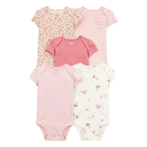 A set of five baby bodysuits in shades of pink and white, featuring various designs like floral, striped, and animal prints, along with plain styles.
