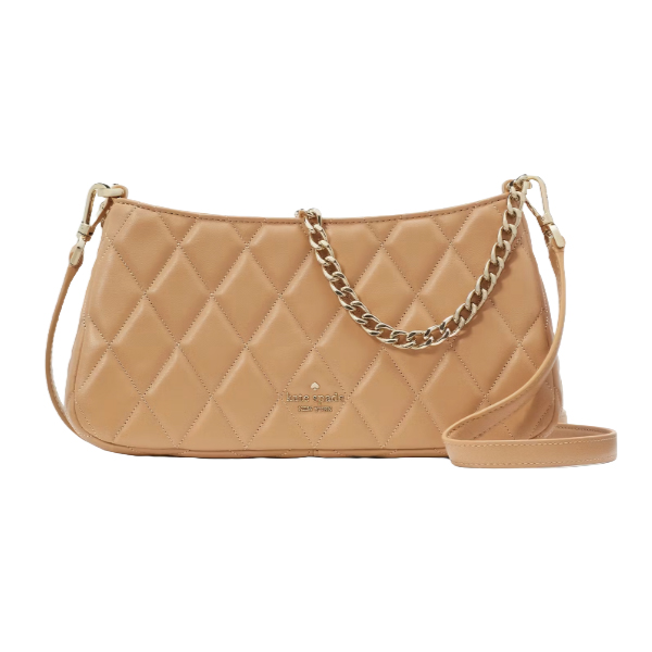 Tan quilted handbag featuring a chain strap and leather shoulder strap, embossed with a logo.
