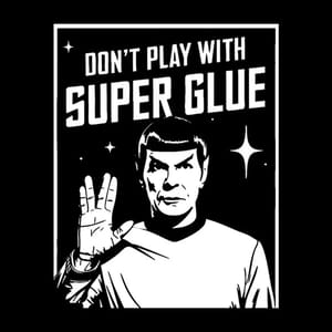 Black and white illustration of a person holding their fingers in a \“V\“ shape with the phrase \“Don't play with super glue\“ above.