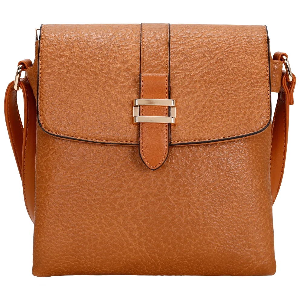 Brown faux-leather crossbody bag with a textured finish, flap closure, and gold-tone buckle detail. It features an adjustable shoulder strap and a sleek, compact design.