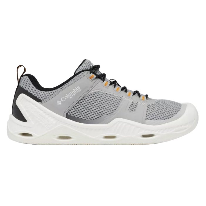 A gray and white Columbia athletic shoe featuring a mesh upper, black and orange accents, and a white sole with visible drainage ports, designed for outdoor and water activities.