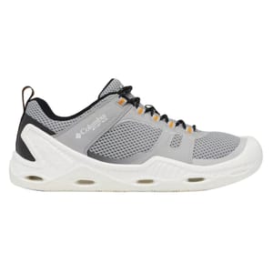 A gray and white Columbia athletic shoe featuring a mesh upper, black and orange accents, and a white sole with visible drainage ports, designed for outdoor and water activities.
