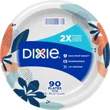 Dixie paper plates, 8.5 inches (21.5 cm), 90 count. Features include Soak Proof Shield, microwaveable, and cut resistant.