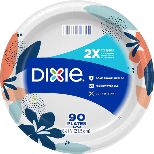 Dixie paper plates, 8.5 inches (21.5 cm), 90 count. Features include Soak Proof Shield, microwaveable, and cut resistant.