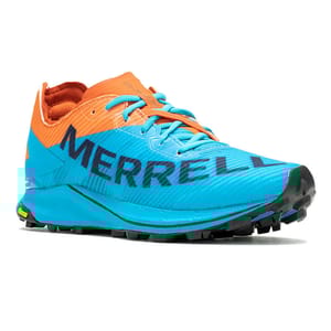 Blue and orange Merrell trail running shoe with Vibram outsole, designed for traction and durability on rugged surfaces.