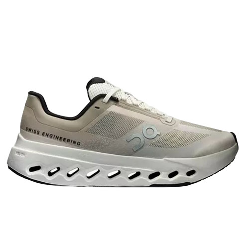A white and beige athletic shoe with \“Swiss Engineering\“ printed on the side, featuring a unique ventilation pattern along the sole.