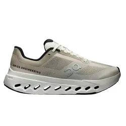 A white and beige athletic shoe with \“Swiss Engineering\“ printed on the side, featuring a unique ventilation pattern along the sole.