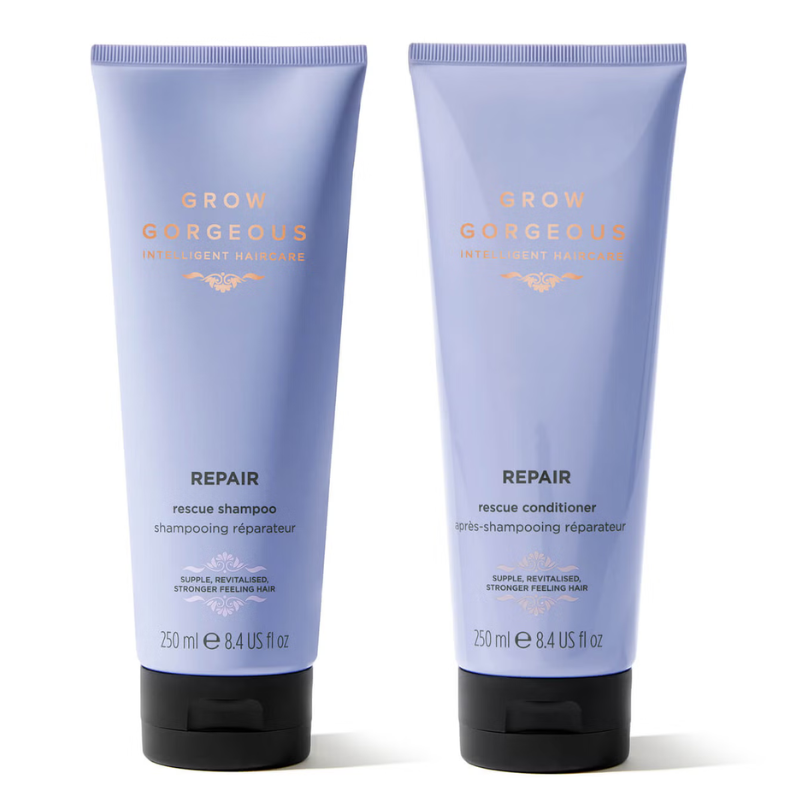 Grow Gorgeous Intelligent Haircare Repair Duo includes a 250 ml rescue shampoo and a 250 ml rescue conditioner, designed for supple, revitalized, stronger-feeling hair.