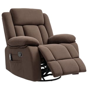 An oversized brown recliner with plush fabric featuring built-in heating, massage functions, a side pocket, and a reclining footrest.