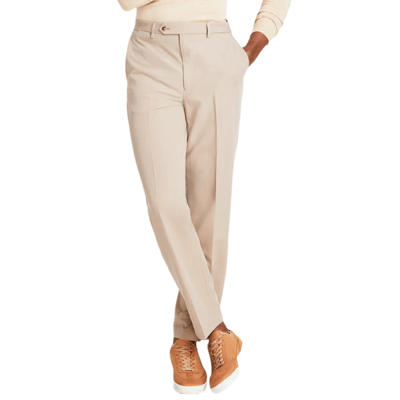 These are beige Nautica dress pants with a straight-leg design, featuring slanted side pockets and back welt pockets.
