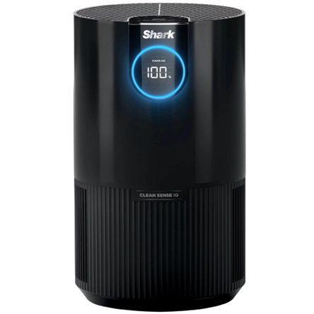 Shark HP100 Air Purifier with NanoSeal HEPA features a sleek black cylindrical design and includes a digital display that shows air quality. Designed to effectively filter airborne particles for cleaner air.