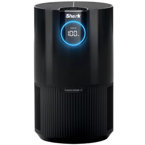 Shark HP100 Air Purifier with NanoSeal HEPA features a sleek black cylindrical design and includes a digital display that shows air quality. Designed to effectively filter airborne particles for cleaner air.