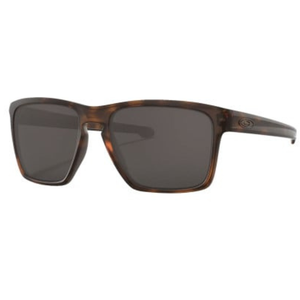 Sunglasses with dark-tinted rectangular lenses and a brown tortoiseshell frame, featuring a small circular logo on the temple.