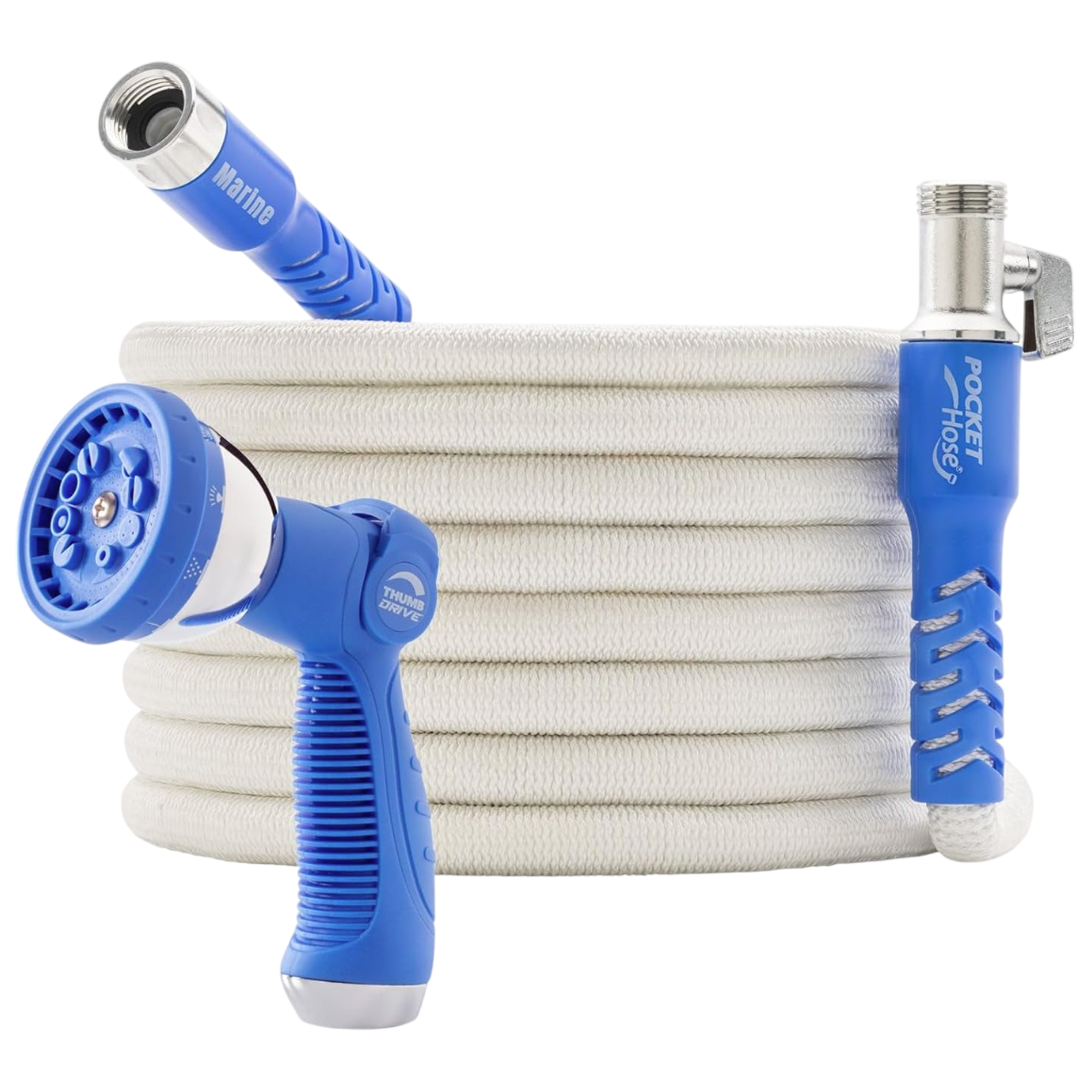 A coiled white garden hose with blue connectors, featuring a multi-setting spray nozzle and labeled \“Pocket Hose\“ and \“Marine\“.