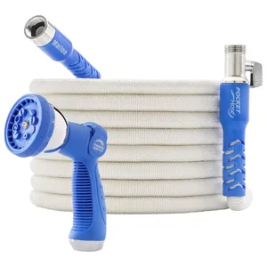A coiled white garden hose with blue connectors, featuring a multi-setting spray nozzle and labeled \“Pocket Hose\“ and \“Marine\“.