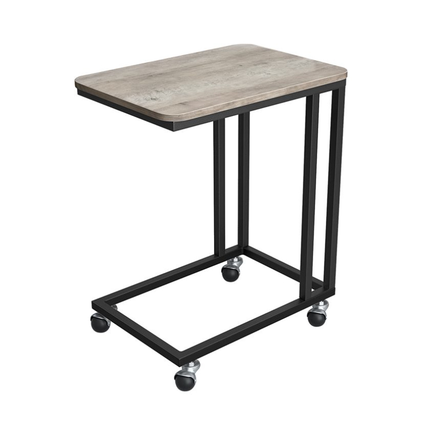 A compact rolling TV tray with a wood grain top and black metal frame, featuring four caster wheels for easy mobility.