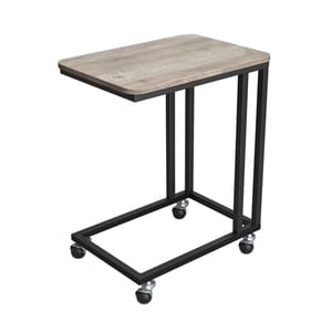 A compact rolling TV tray with a wood grain top and black metal frame, featuring four caster wheels for easy mobility.